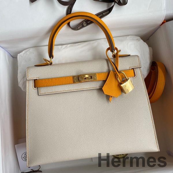 Hermes Kelly Sellier 25 Bicolor Bag in Craie and Yellow Epsom Calfskin Replica