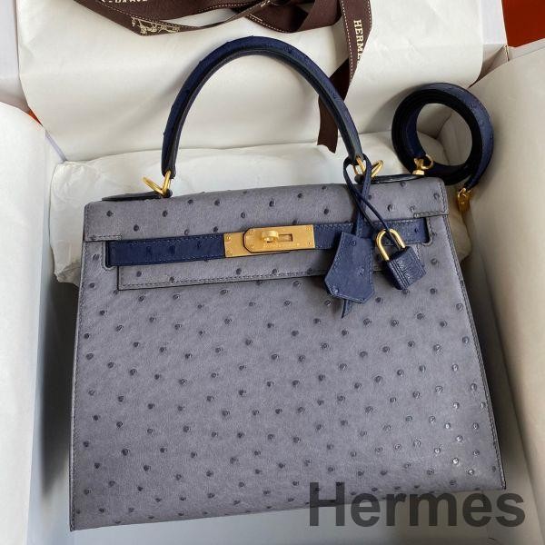 Hermes Kelly Sellier 25 Bicolor Bag in Gris Agate and Blue Ostrich Leather Replica