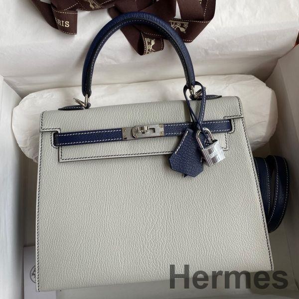 Hermes Kelly Sellier 25 Bicolor Bag in Pearl Grey and Blue Mysore Goatskin Replica