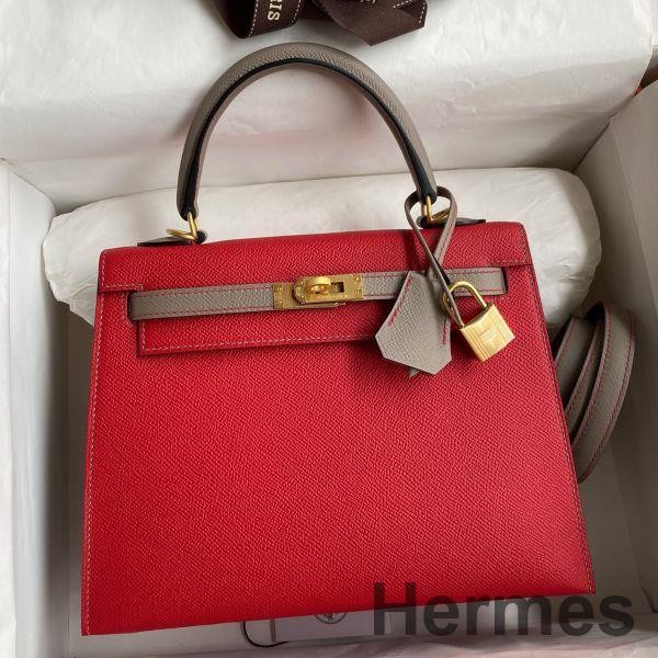 Hermes Kelly Sellier 25 Bicolor Bag in Red and Etain Epsom Calfskin Replica