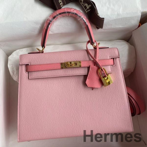 Hermes Kelly Sellier 25 Bicolor Bag in Rose Confetti and Lipstick Mysore Goatskin Replica
