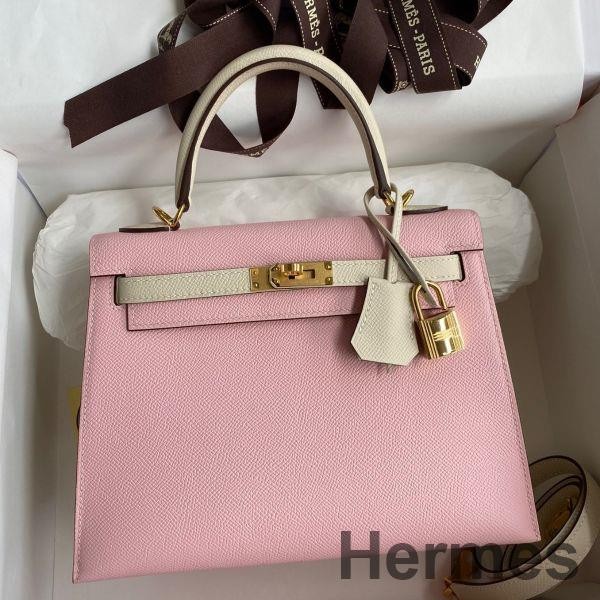 Hermes Kelly Sellier 25 Bicolor Bag in Rose Sakura and Craie Epsom Calfskin Replica