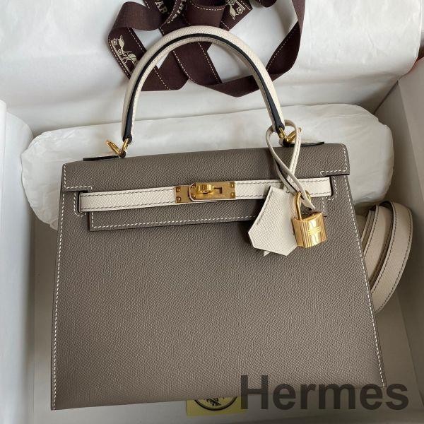 Hermes Kelly Sellier 25 Bicolor Bag in Taupe and Craie Epsom Calfskin Replica