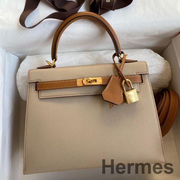 Hermes Kelly Sellier 25 Bicolor Bag in Trench and Gold Epsom Calfskin Replica