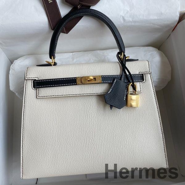 Hermes Kelly Sellier 25 Bicolor Bag in White and Black Mysore Goatskin Replica