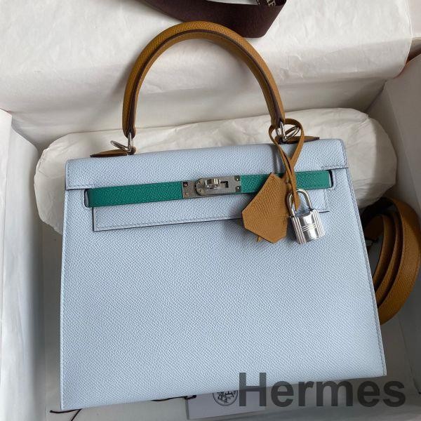 Hermes Kelly Sellier 25 Tricolor Bag in Blue/Green/SesameEpsom Calfskin Replica