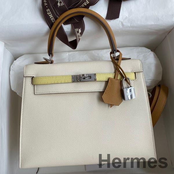 Hermes Kelly Sellier 25 Tricolor Bag in Craie/Sesame/Yellow Epsom Calfskin Replica