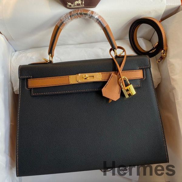 Hermes Kelly Sellier 28 Bicolor Bag in Black and Gold Epsom Calfskin Replica
