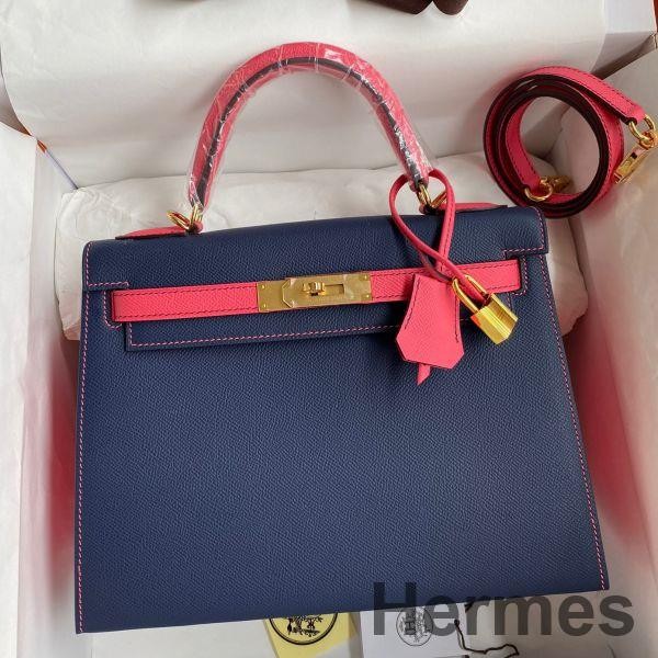 Hermes Kelly Sellier 28 Bicolor Bag in Blue Saphir and Rose Lipstick Epsom Calfskin Replica