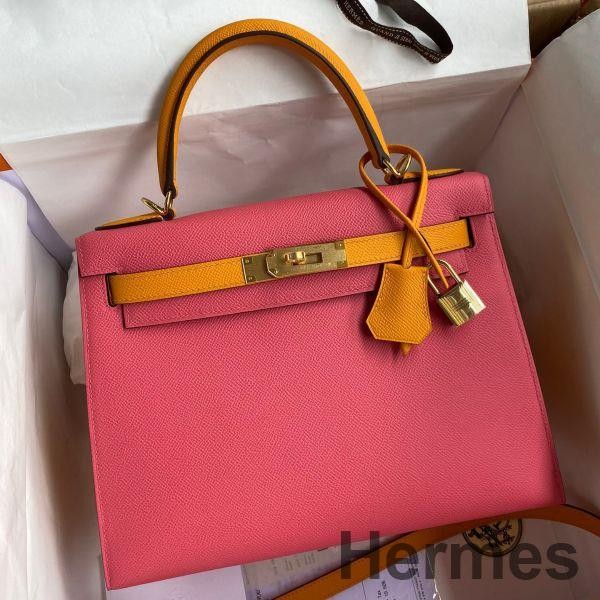 Hermes Kelly Sellier 28 Bicolor Bag in Rose Lipstick and Yellow Epsom Calfskin Replica