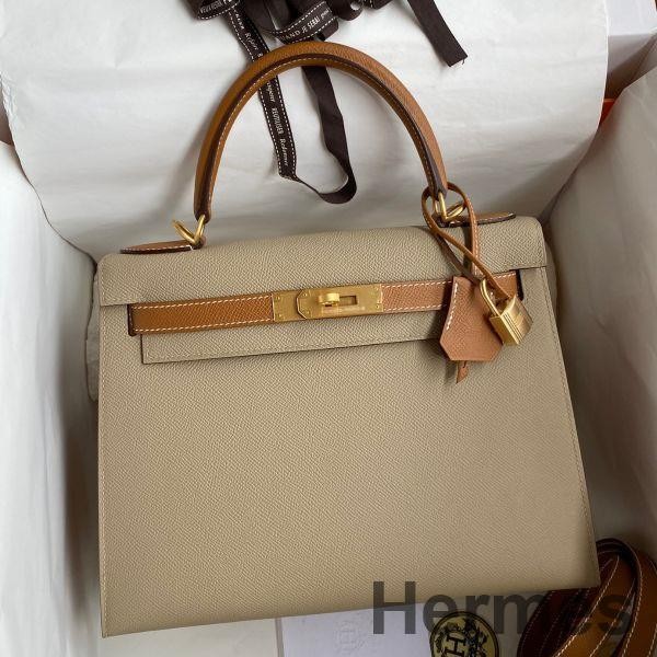 Hermes Kelly Sellier 28 Bicolor Bag in Trench and Gold Epsom Calfskin Replica