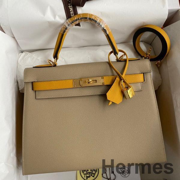 Hermes Kelly Sellier 28 Bicolor Bag in Trench and Yellow Epsom Calfskin Replica