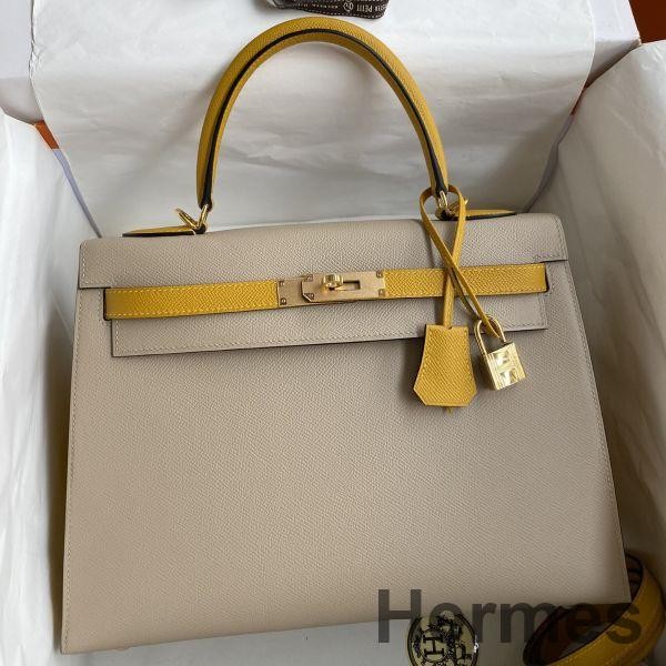 Hermes Kelly Sellier 32 Bicolor Bag in Trench and Yellow Epsom Calfskin Replica