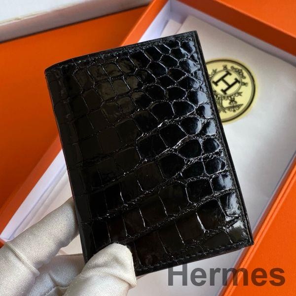 Hermes MC² Euclide Card Holder in Black Shiny Alligator Leather Replica