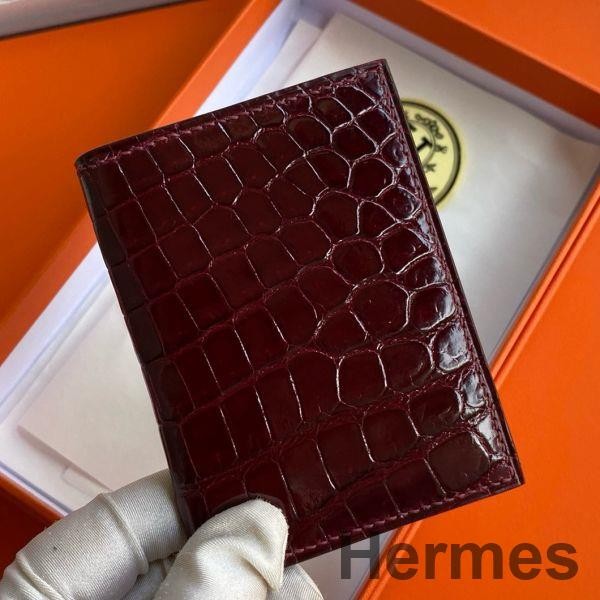 Hermes MC² Euclide Card Holder in Bordeaux Shiny Alligator Leather Replica