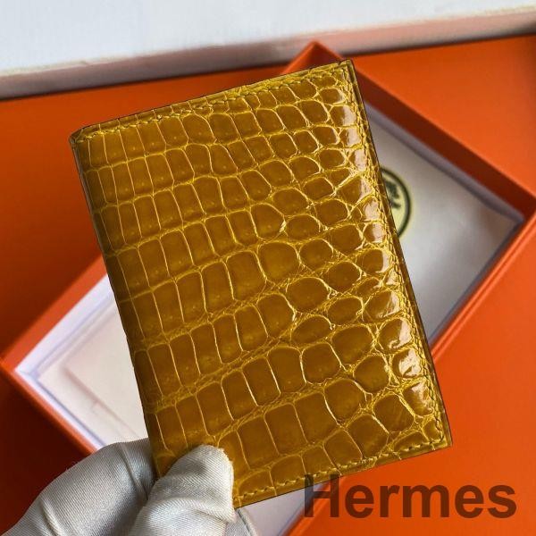 Hermes MC² Euclide Card Holder in Jaune Ambre Shiny Alligator Leather Replica