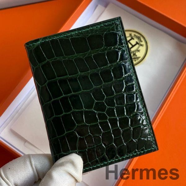 Hermes MC² Euclide Card Holder in Vert Fonce Shiny Alligator Leather Replica
