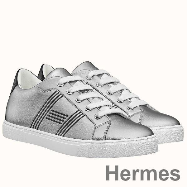 Hermes Men's Avantage Sneakers In Grey Metallic Leather Replica