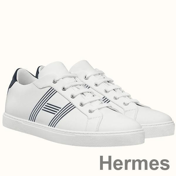 Hermes Men's Avantage Sneakers In White/Blue Calfskin Replica