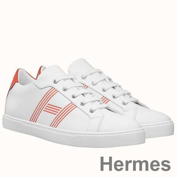 Hermes Men's Avantage Sneakers In White/Orange Calfskin Replica