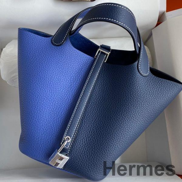 Hermes Picotin Lock 18 Bicolor Handmade Bag in Blue and Blue Saphir Clemence Leather Replica