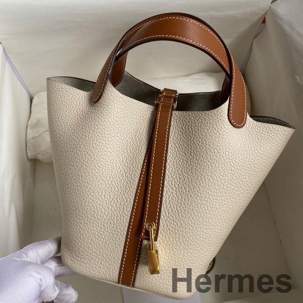 Hermes Picotin Lock 18 Bicolor Handmade Bag in Craie and Gold Clemence Leather Replica