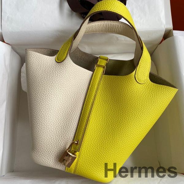 Hermes Picotin Lock 18 Bicolor Handmade Bag in Craie and Lime Clemence Leather Replica