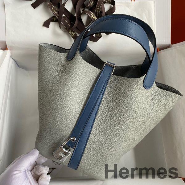 Hermes Picotin Lock 18 Bicolor Handmade Bag in Gris Mouette and Blue Agate Swift Leather Replica