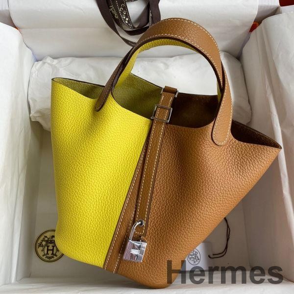 Hermes Picotin Lock 18 Bicolor Handmade Bag in Lime and Gold Clemence Leather Replica