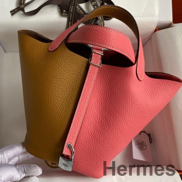 Hermes Picotin Lock 18 Bicolor Handmade Bag in Sesame and Rose Azalee Clemence Leather Replica