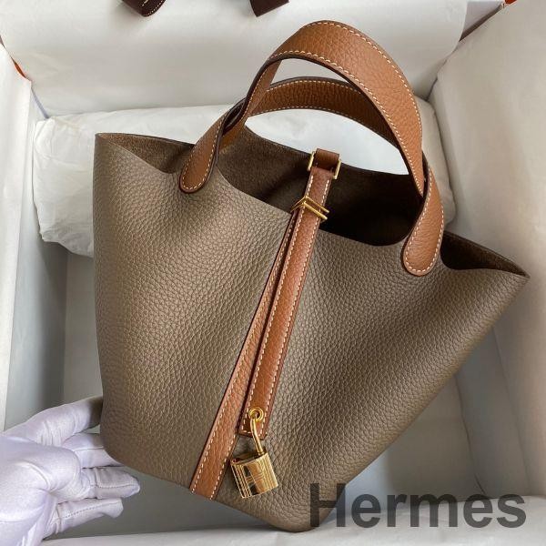 Hermes Picotin Lock 18 Bicolor Handmade Bag in Taupe and Gold Clemence Leather Replica