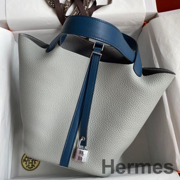 Hermes Picotin Lock 22 Bicolor Handmade Bag in Gris Mouette and Blue Agate Swift Leather Replica