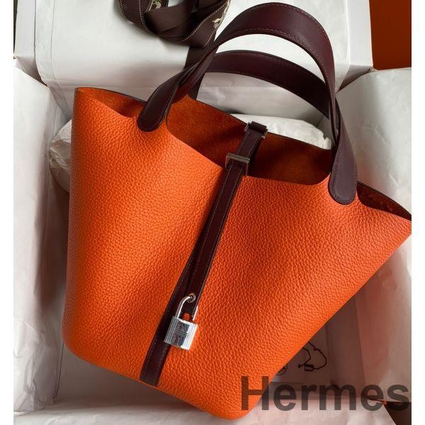 Hermes Picotin Lock 22 Bicolor Handmade Bag in Orange and Burgundy Swift Leather Replica