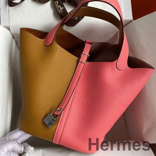 Hermes Picotin Lock 22 Bicolor Handmade Bag in Sesame and Rose Azalee Clemence Leather Replica