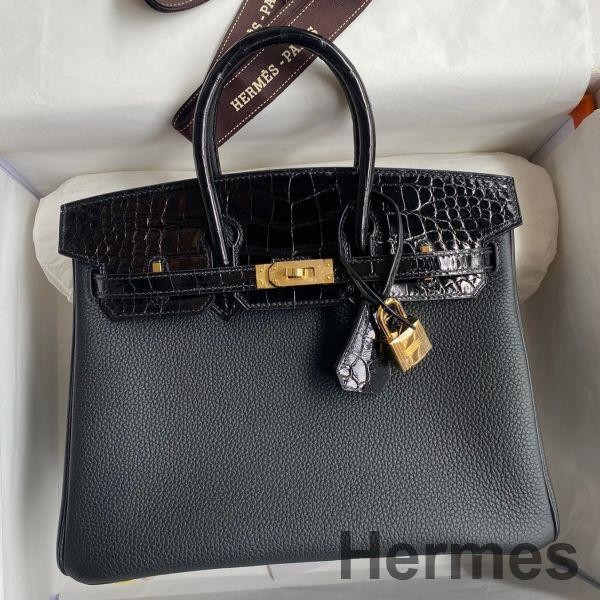 Hermes Touch Birkin 25 Bag in Black Togo and Shiny Alligator Leather Replica