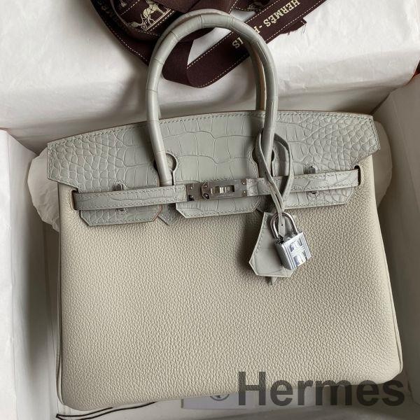 Hermes Touch Birkin 25 Bag in Pearl Grey Togo and Matte Alligator Leather Replica