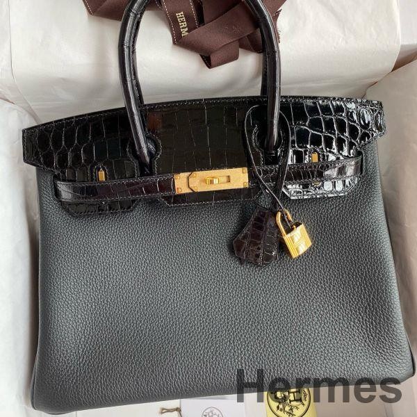 Hermes Touch Birkin 30 Bag In Black Clemence and Shiny Niloticus Crocodile Skin Replica