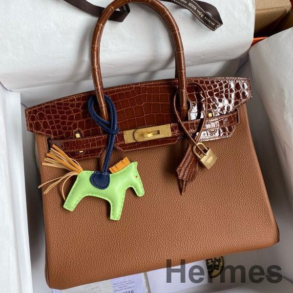 Hermes Touch Birkin 30 Bag In Gold Clemence and Shiny Niloticus Crocodile Skin Replica