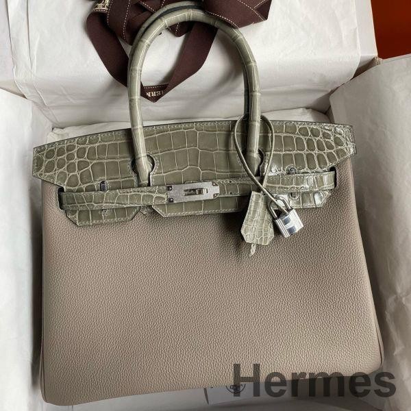 Hermes Touch Birkin 30 Bag In Gris Asphalt Clemence and Shiny Niloticus Crocodile Skin Replica