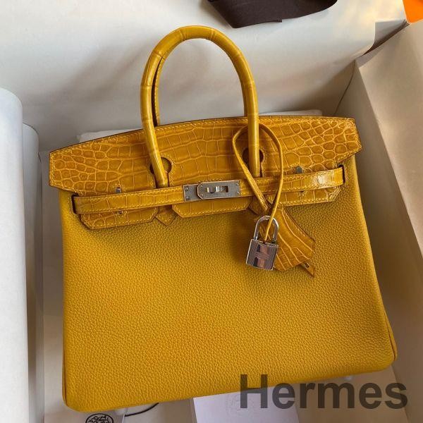 Hermes Touch Birkin 30 Bag In Yellow Clemence and Shiny Niloticus Crocodile Skin Replica