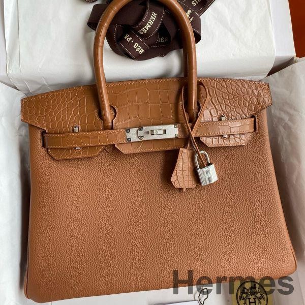 Hermes Touch Birkin 30 Bag in Gold Clemence and Matte Alligator Leather Replica