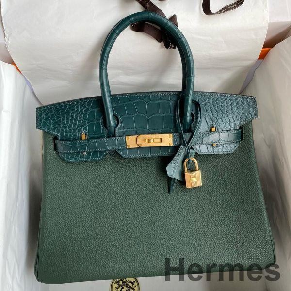 Hermes Touch Birkin 30 Bag in Green Clemence and Matte Alligator Leather Replica