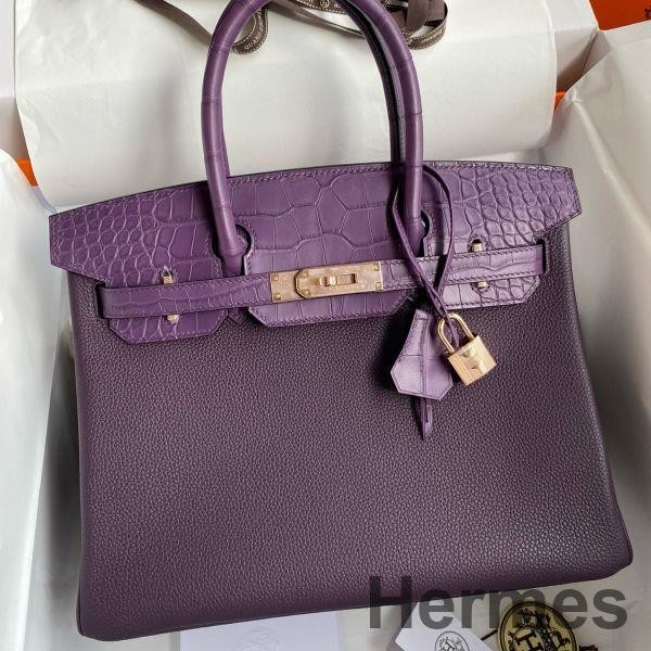 Hermes Touch Birkin 30 Bag in Raisin Clemence and Matte Alligator Leather Replica
