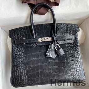 Hermes Birkin 25 Bag In Black Matte Alligator Crocodile Skin