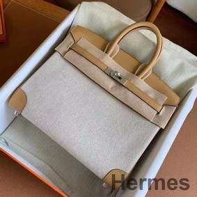 Hermes Birkin 25 Handmade Bag In Toile & Biscuit Swift Leather