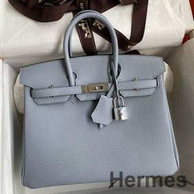 Hermes Birkin 25 Retourne Handmade Bag In Blue Lin Clemence Leather