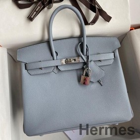 Hermes Birkin 25 Retourne Handmade Bag In Blue Lin Epsom Calfskin