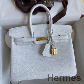 Hermes Birkin 25 Retourne Handmade Bag In White Clemence Leather