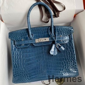 Hermes Birkin 30 Handmade Bag In Blue Tempete Crocodile Niloticus Shiny Skin