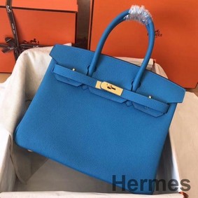 Hermes Birkin 30 Handmade Bag In Blue Zanzibar Clemence Leather